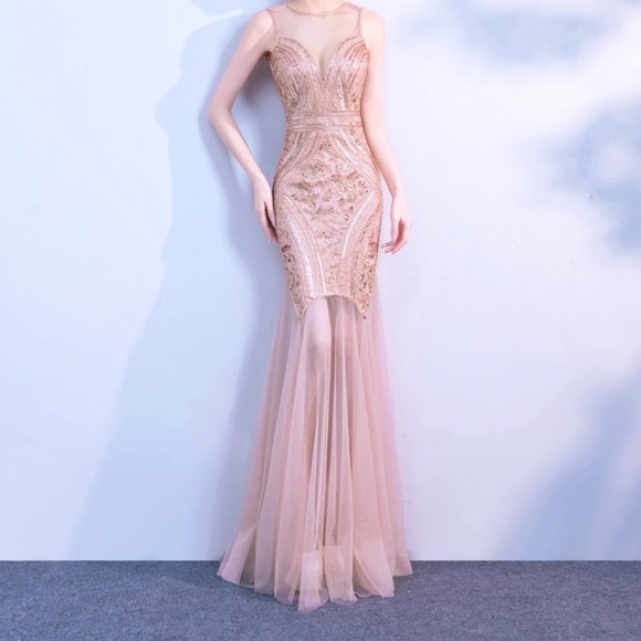 Beaded Sequin and Tulle Rose Gold Prom Dress - Picture 3 of 7